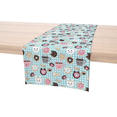 Table Runner, 100% Cotton, 16X108", Cat Lovers Mugs & Donuts