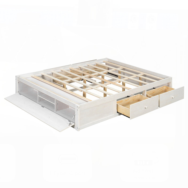 Structure de lit plateforme grand format avec 4 tiroirs de rangement et pied de lit relevable hydraulique, sans tête de lit