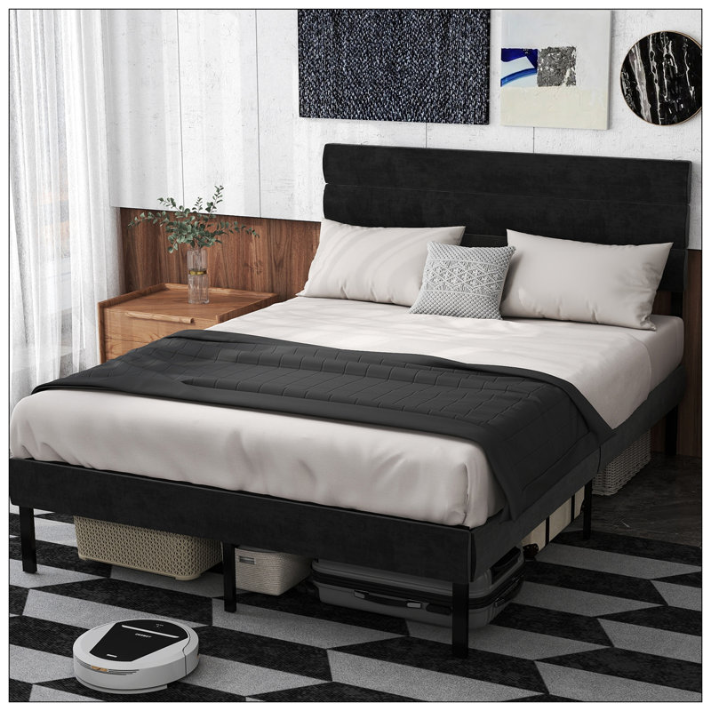 Grand lit plateforme tapissier avec rangement, Noir, Grand