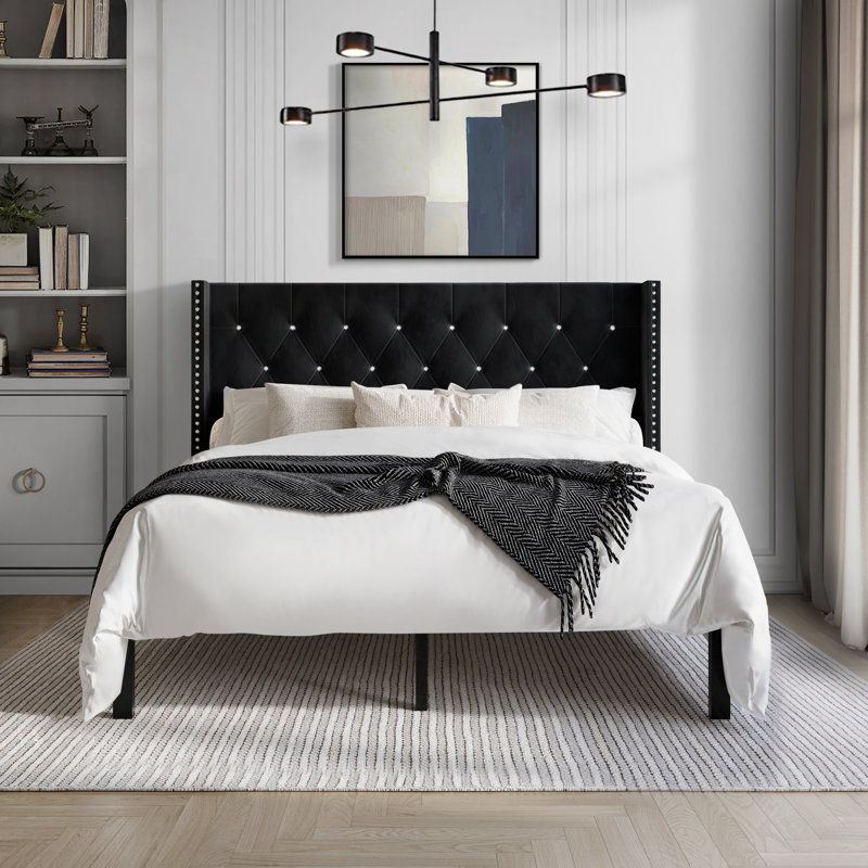 Ffyona Upholstered Wingback Bed, Black, King