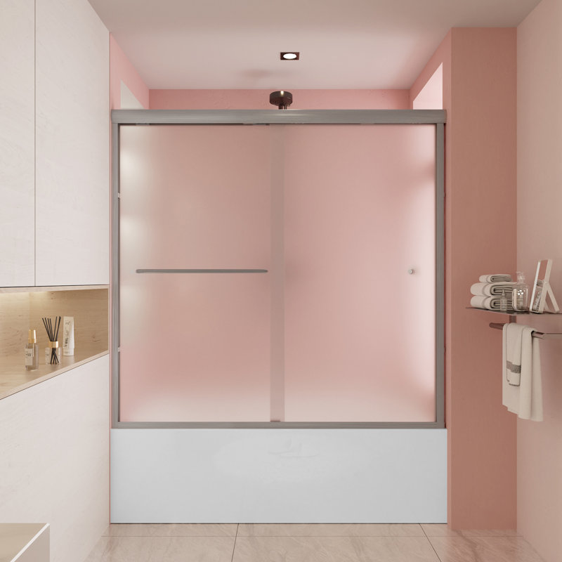 Porte de baignoire coulissante double avec cadre en verre givré de 55 po à l 56 po H 56 po, Nickel brossé