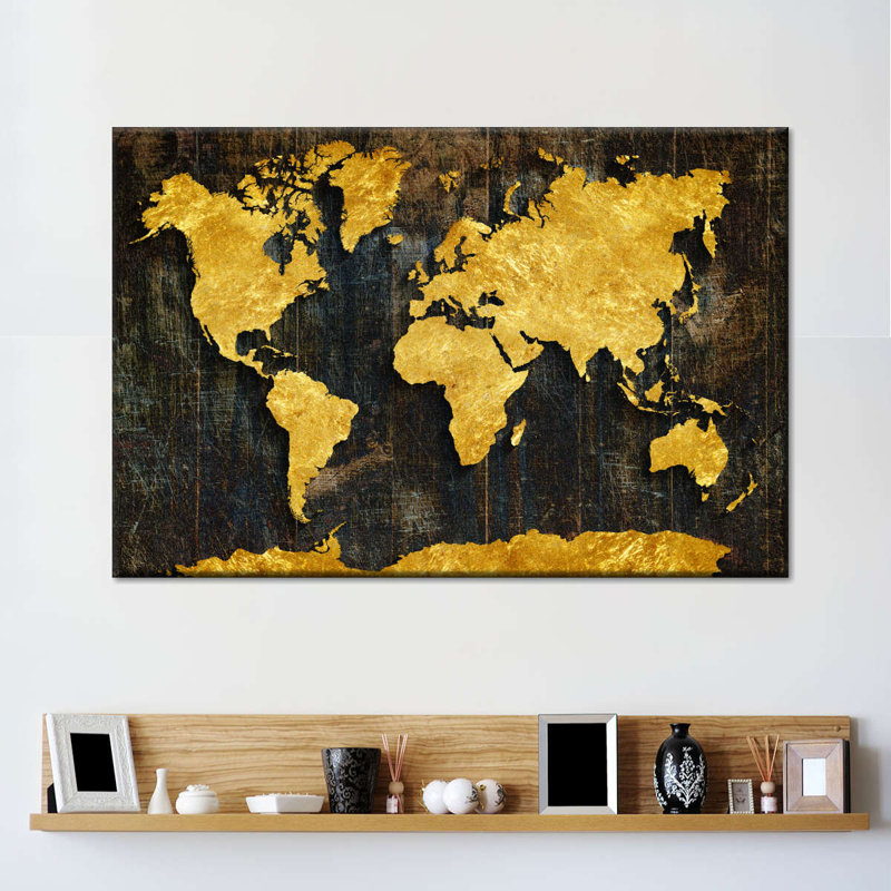 Carte du monde raffinée dorée, H 8 po x l 12 po x P 1 po