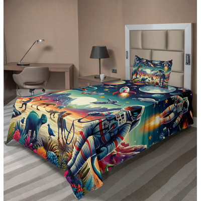 Ambesonne Outer Space Sheet Set Surreal Astronaut Moon Multicolor Teal Red
