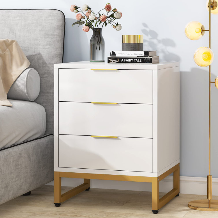 Giluta White Nightstand with 3 Drawers, Modern Night Stand with Gold Solid  Metal Legs & Handles, Wood Bedside Table, Sofa End Side Table for Bedroom