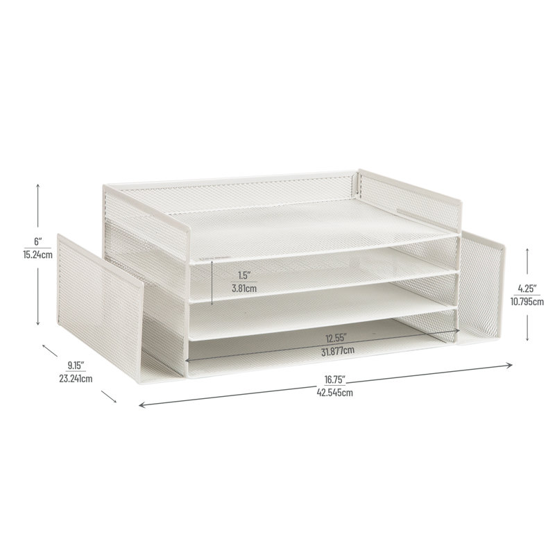 Mind Reader Desktop Organizer, File Storage, Paper Tray, Workspace, Office, Metal Mesh, 16.75"L x 9.15"W x 6"H, White