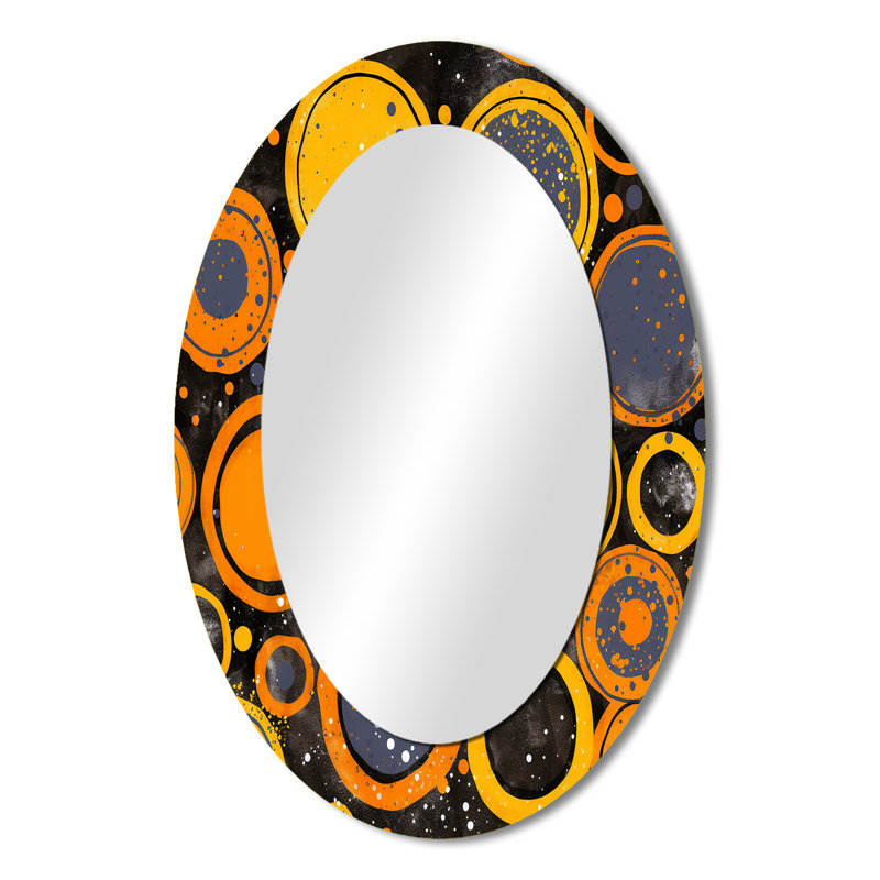 Circular Vintage Moons In Orange Yellow And Gray - Large Oval Wall Mirror On Metal, 36" x 24"