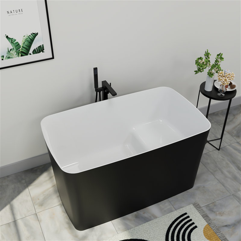 Petite baignoire autoportante en acrylique de 46,85 po x 27,3 po, siège intégré et surface antidérapante, bonde chromée pour un trempage sécuritaire dans les salles de bain compactes