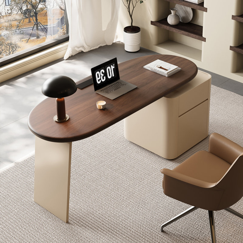 Bureau en bois manufacturé courbé brun noisette + beige avec 1 tiroir, H 29,53 po x l 78,74 po x P 31,5 po, Left Hand Return