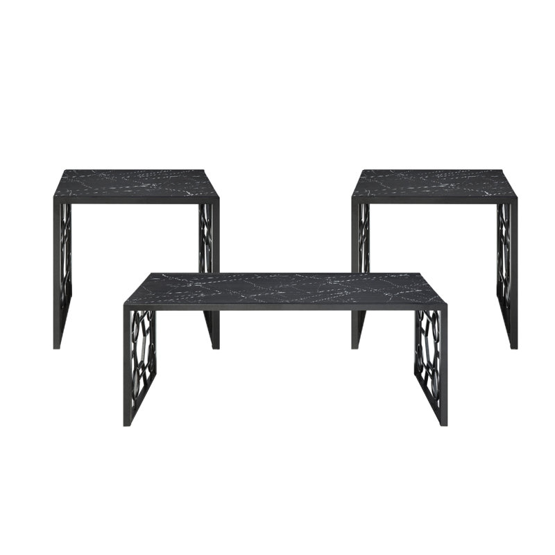 Ensemble de 3 tables basses et de tables de bout Melin, plateau géométrique en verre marbré noir