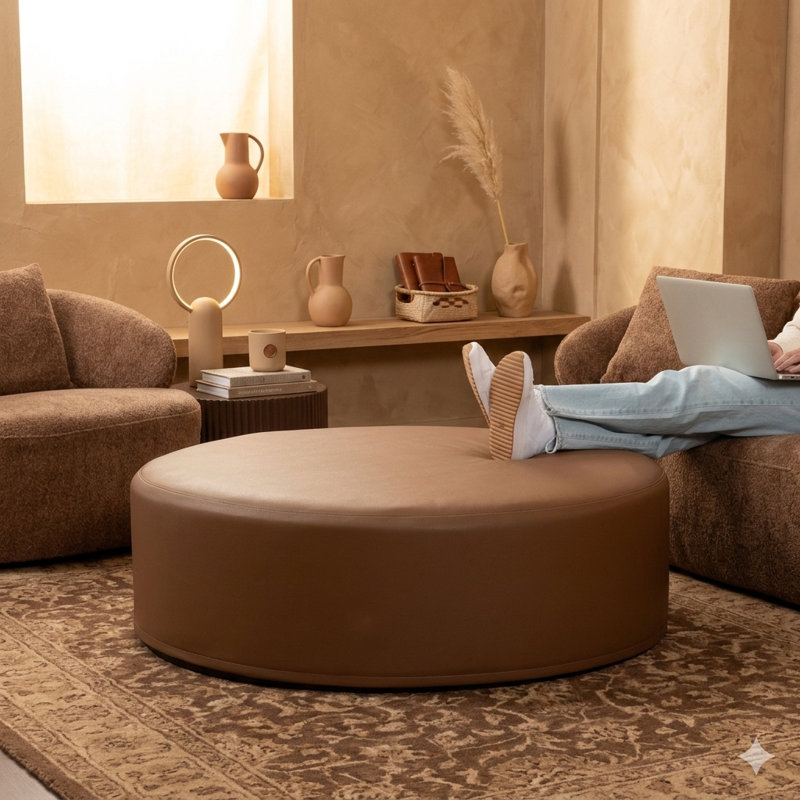 Latitude Run® Candler Round Couch Ottoman – Oversized Giant Coffee Table & Foot Rest, 44”, Walnut