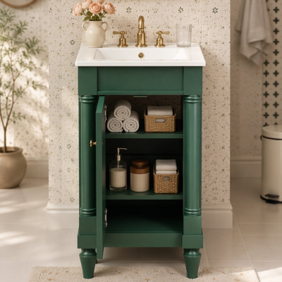 Armoire de salle de bain de style français 18 po avec rangement, solution pour petit espace avec lavabo en céramique, tablette réglable, charnières à fermeture en douceur
