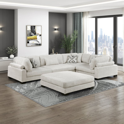 Subair 135" Modern 5-Piece Modular Sectional Sofa with Ottoman, Textured Microfiber Upholstery & Superior Foam over Pocket Coils Comfort