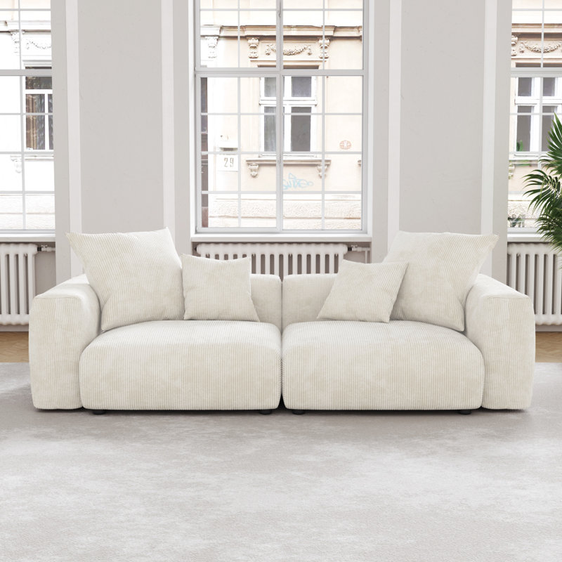 Nikodemos 102.36" W Corduroy Square Arms Sofa, Beige