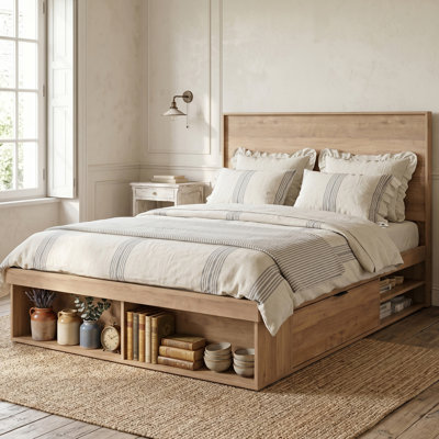 Farmhouse Full Storage Platform Bed Frame with Drop-Down Side Cabinets & Open Cubbies, 45" Wood-Grain Headboard, No Box Spring Needed, Pale Oak