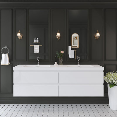 72" Floating Bathroom Vanity With Sink, Modern Wall-Mounted Bathroom Storage Vanity Cabinet With 2 Resin Top Basin And 4 Soft Close Drawers, Glossy White 24V11-72GW