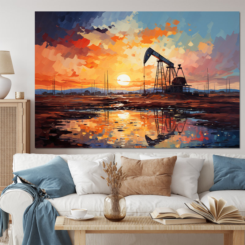 «Orange Oil Rigs Pumpjack In Texas II» - Décoration murale de champs de pétrole / champs