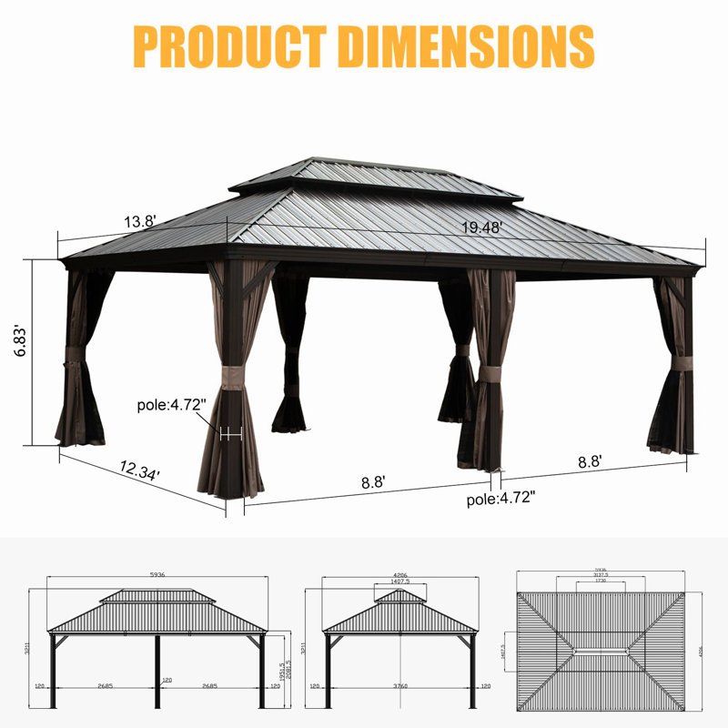 Grand pavillon de jardin avec double toit en acier galvanisé et cadre en aluminium