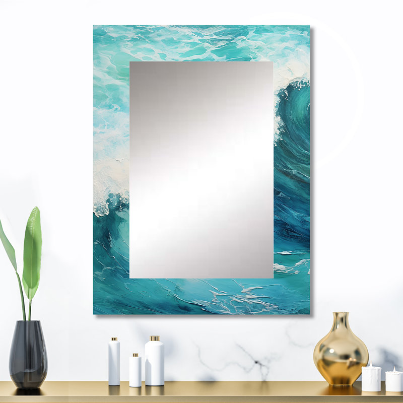 «Ocean Teal Wave Expression I - Waves Unique Mirror», grand miroir mural bleu, reproduction d'art en métal, 32 po x 24 po