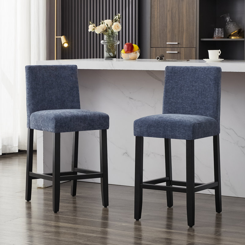 Tabouret de comptoir rembourré de 26 po avec structure en bois massif, Bleu / chenille, 3