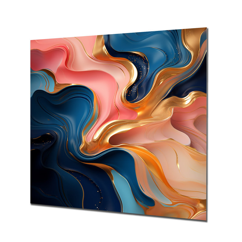 Rose et or, encre liquide Abstraction III - encre liquide, art mural abstrait en métal, H 16 po x l 16 po