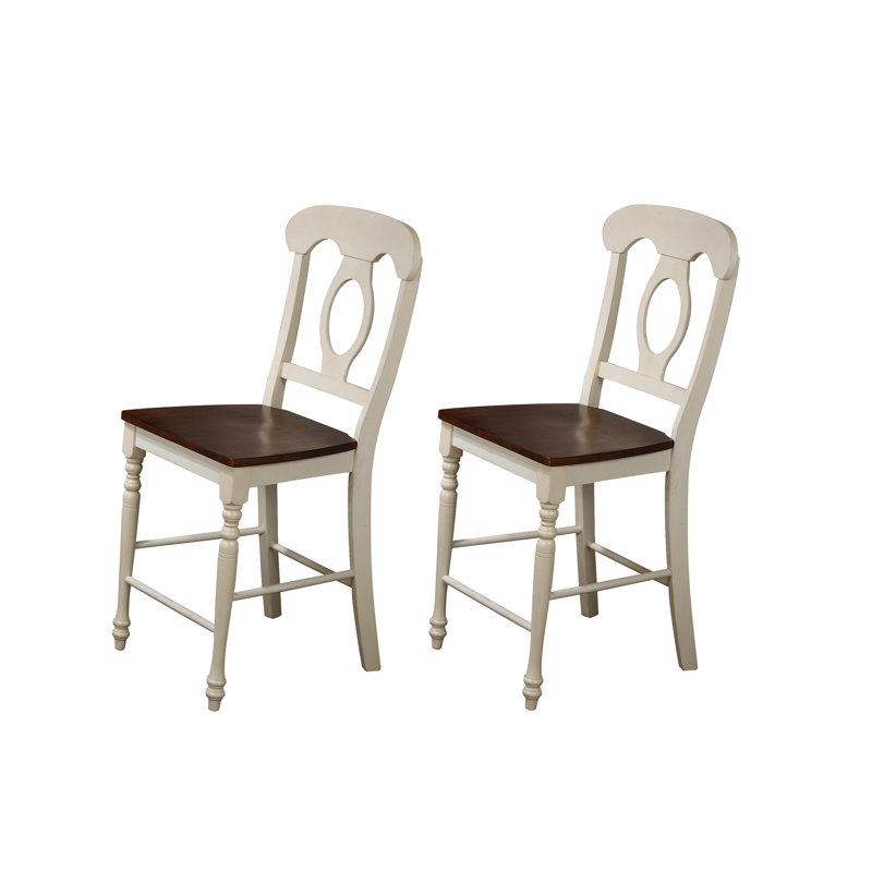 Azizi Solid Wood Counter Stool with Solid Wood Frame, Antique White/Chesnut