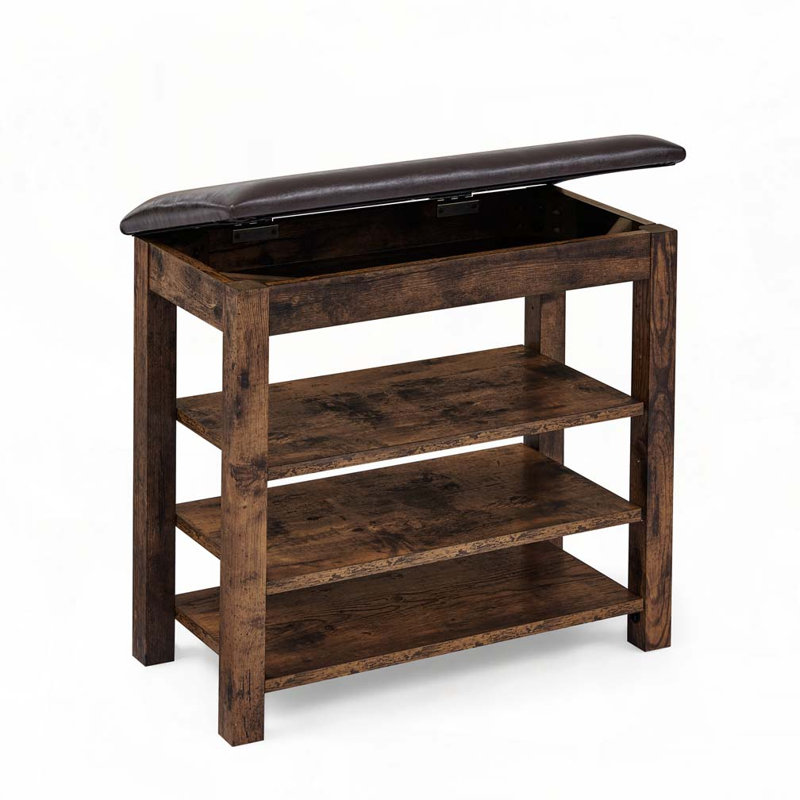 Nordique Storage Bench with PU Leather Seat & Rubberwood Frame, Vintage