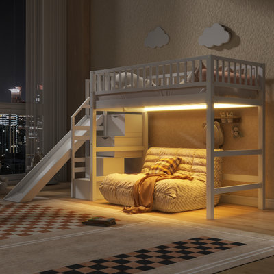 Twin Size Loft Bed with Slide, Storage Staircase and LED Light, Solid Wood Frame, Space Saving Kids Bed, White