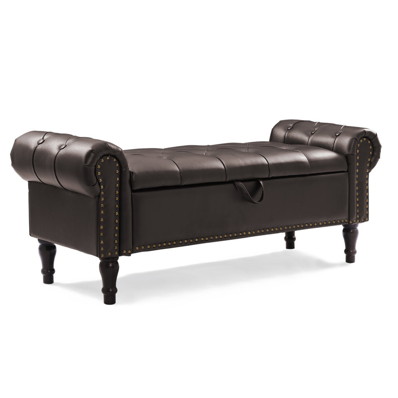 Banc de rangement rembourré Dawsey, H 19,6 po x l 50,7 po x P 17,1 po, Simili cuir brun foncé