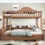 Lit simple superposé au dessus d'un lit double avec rangement, garde-corps courbés et tablettes latérales, structure en bois massif, aucun sommier nécessaire, naturel profond-134228585-134228587