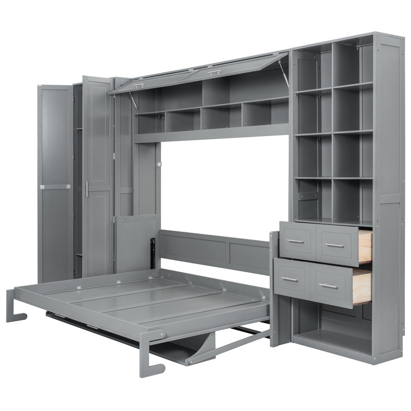 Queen Gray Bed With Side Flip And Shelf For Streamlined Room Design Integrated Storage Function Maximizing Space