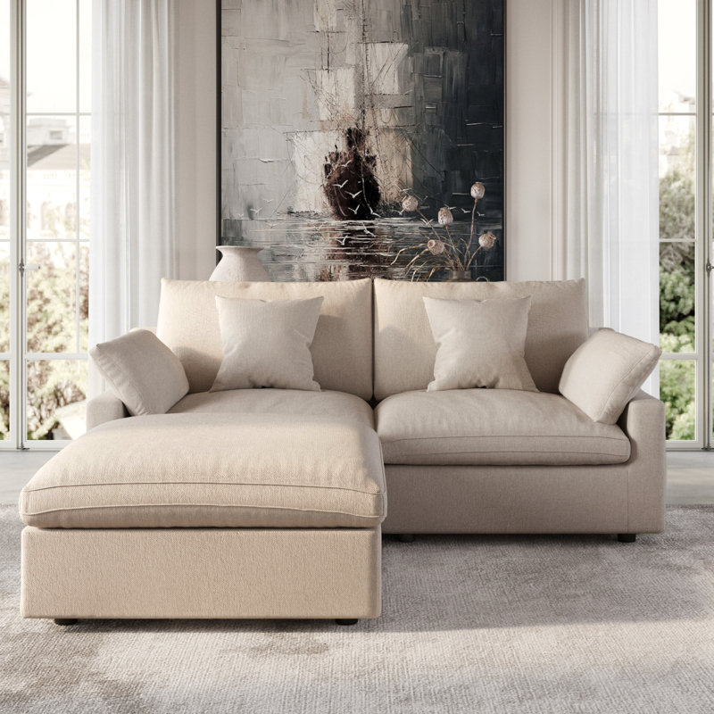 Slipcovered Upholstered Modular Sofa With Ottoman, 29.53" H x 82.68" W x 77.95" D, Khaki