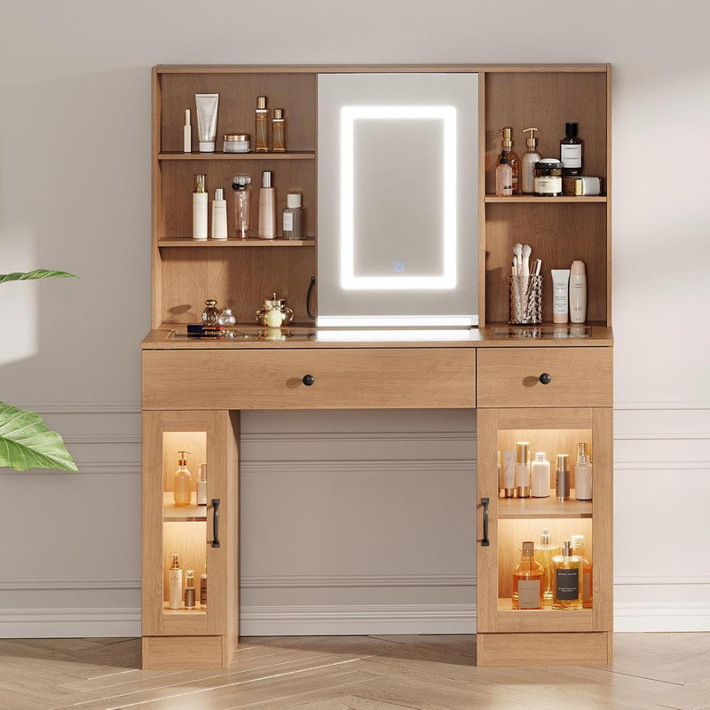 Large LED Vanity Desk with Sliding Mirror, USB Outlets & Storage Drawers, MDF Makeup Dressing Table, Beige