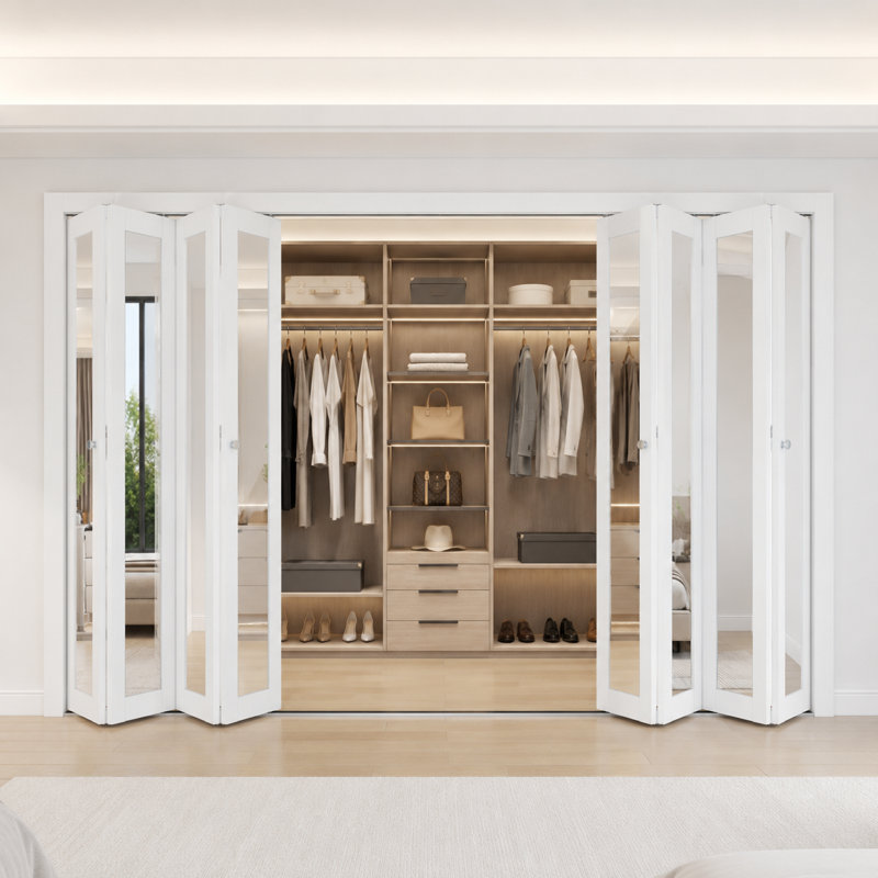 Porte de garde-robe pliante coulissante flexible, porte pliante en miroir blanche à 4 panneaux avec conception à double ouverture rabattable et système à double rail