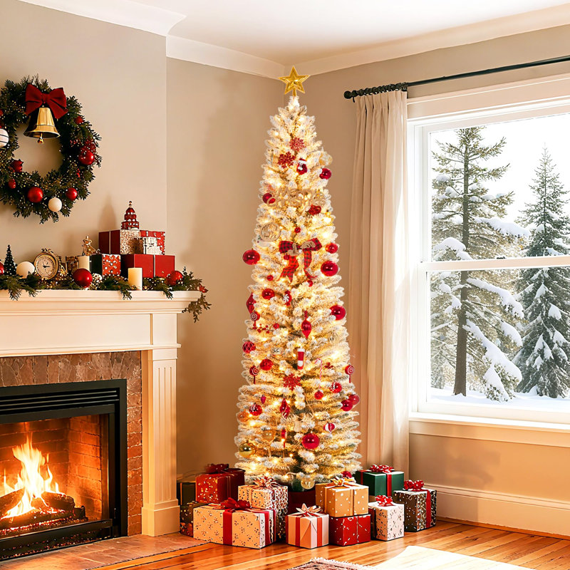 Christmas Tree,Pencil Artificial Tree with Prelit Branch Tips, Snow Flocked Slim Design, Warm White LED Lights & Foldable Stand, Easy Assembly for Home, Office, Apartment