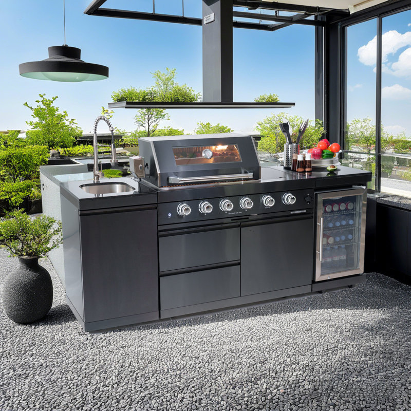 Îlot de cuisine 85 pouces à 4 brûleurs 72 000 BTU - Acier inoxydable de luxe avec évier, refroidisseur à vin, rôtissoire et comptoirs en granit