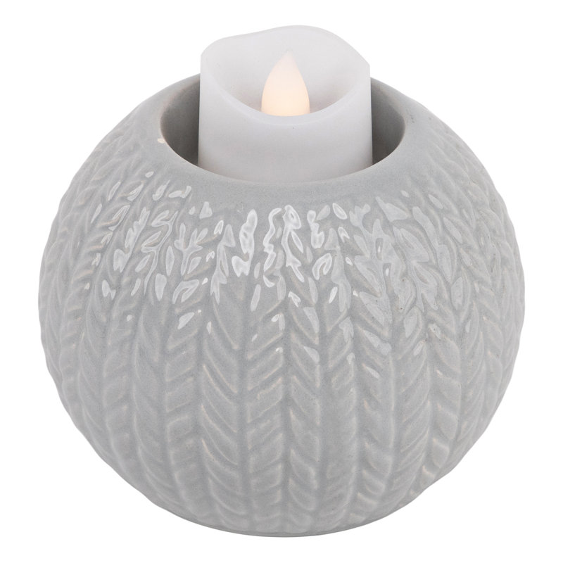 Porte-bougie de Noël en céramique tricoté, Gris, H 3,25 po x l 3,75 po x P 3,75 po