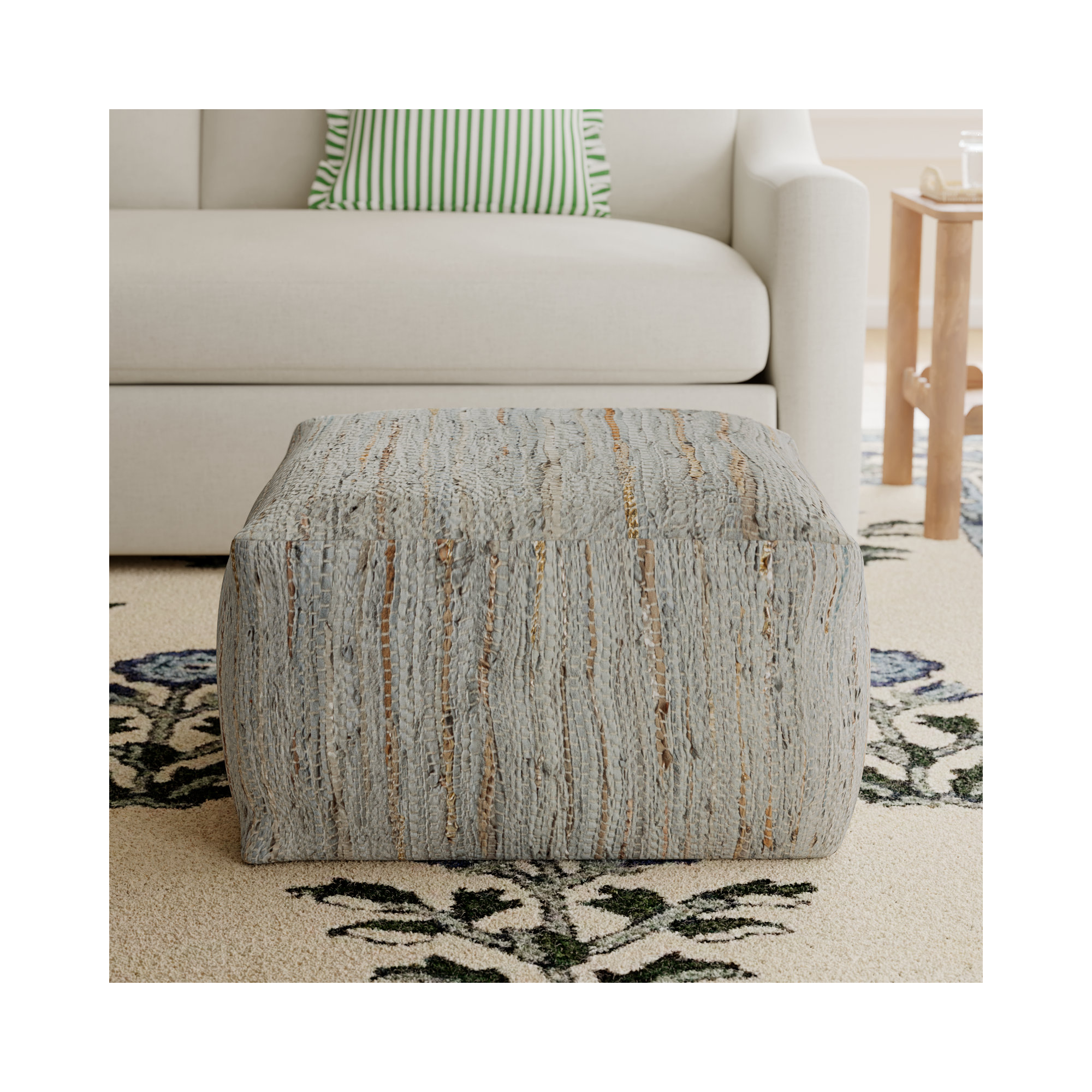 Carden Leather Pouf, Pale Blue Genuine Leather
