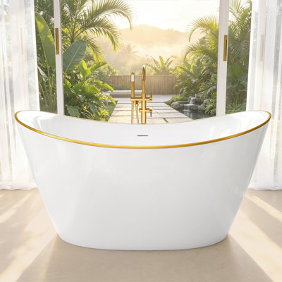 55" x 28" Modern Freestanding Acrylic Bathtub, Gold Trim Soaking Tub with Double Sloped Backrest, 41-Gallon Capacity & Drain Kit