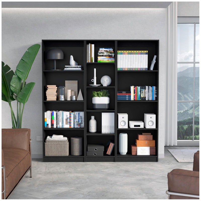 Durant 3 Piece Home Bookcase Set, 67" Wide With 13 Shelves ,  Living Room Set Set  Black, Black