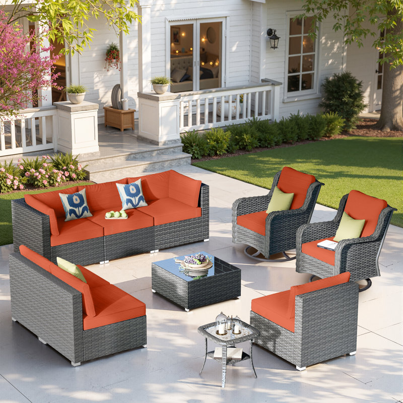 8 - Person Patio Conversation Set with Cushions, Orange Red, No