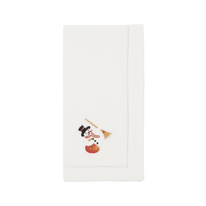 White Cotton Embroidered Snowman Winter Napkins, Set of 6