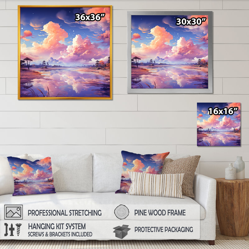 Rose et bleu calme aquarelle ciel I - fruits, art mural, Cadre flottant doré, 30" H x 30" W