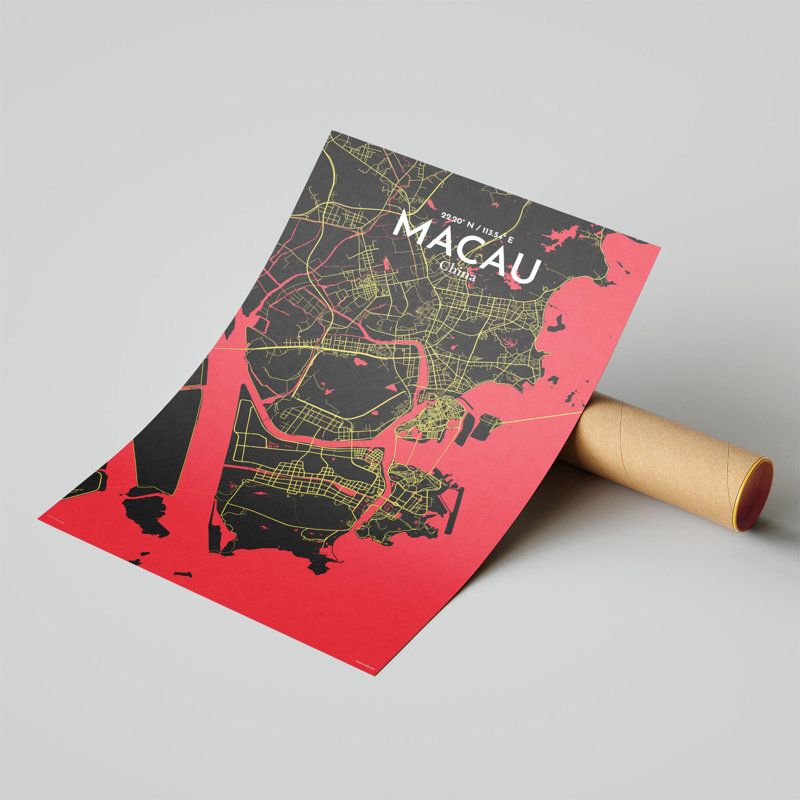 Macau, carte de la ville, impression, H 17 po x l 11 po, Noir / rouge / jaune