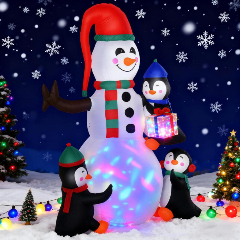 Bonhomme de neige gonflable de Noël avec des pingouins - Conception lumineuse, décoration extérieure festive pour les fêtes