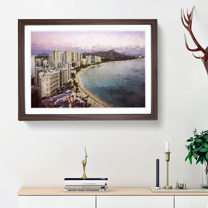 Dusk View of Waikiki Beach - Framed Print, 62cm H x 87cm W x 2cm D, Walnut Framed