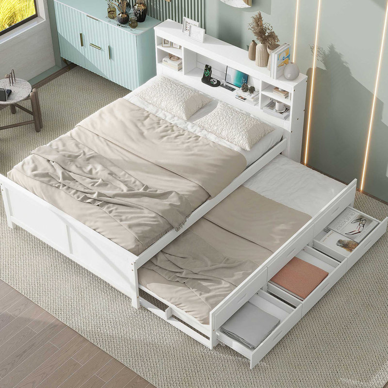 Lit plateforme avec tête de lit, USB, lit gigogne et 3 tiroirs, Blanc, Double