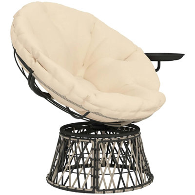 Swivel Papasan Chair with Side Tray and Plush Cushion