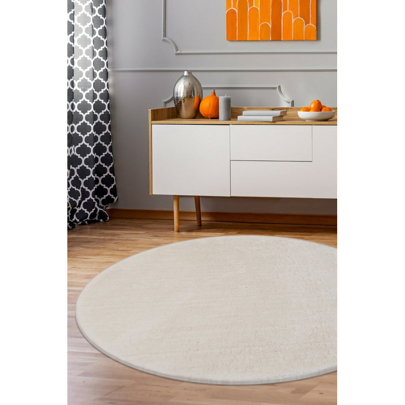 Elegant Cream Carpet (39.4 in Diameter), 100% Polyester, 6 mm Pile Height | Antibacterial, Non-Slip Gel Underside | Machine Washable, 1250 g/m² | Perfect for Living Room, Bedroom, & Play Areas, Durable & Stylish Design