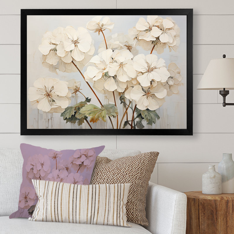 Minéralisme beige géraniums IV - imprimé, H 30 po x l 40 po x P 1,5 po, Cadre simple noir