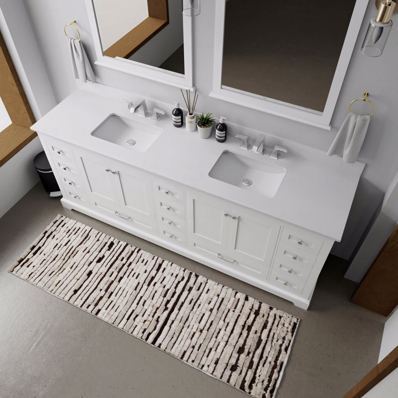 Meuble-lavabo double 84 po x 22 po profondeur, comptoir en quartz blanc, Blanc, Quartz blanc